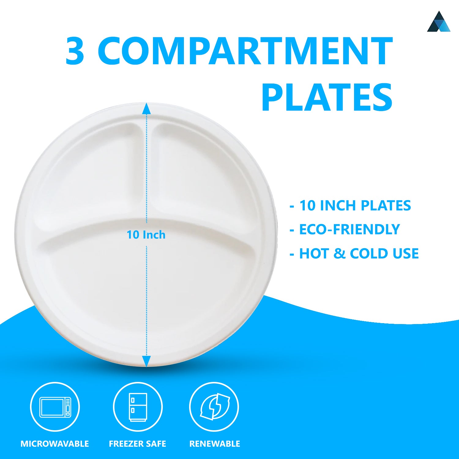 10 inch 3 Compartment Paper Bagasse Plates