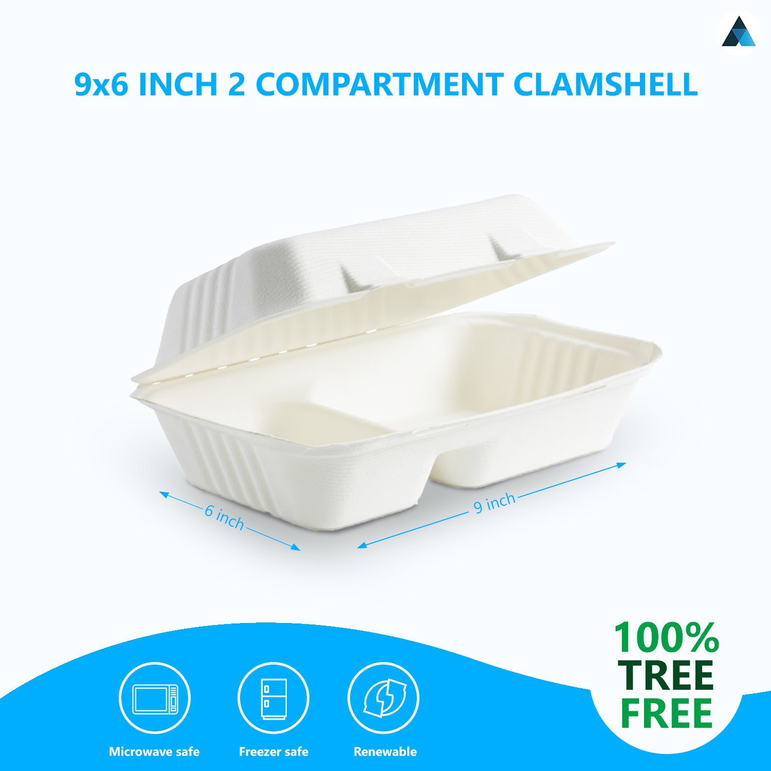 9x6 Inch Bagasse Clamshells Takeaway Box