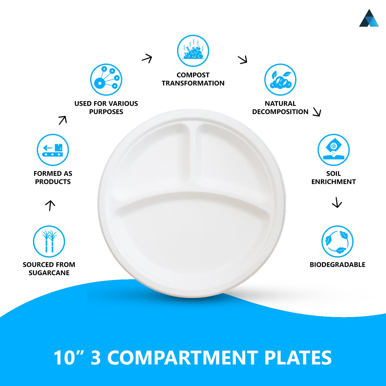 10 inch 3 Compartment Paper Bagasse Plates