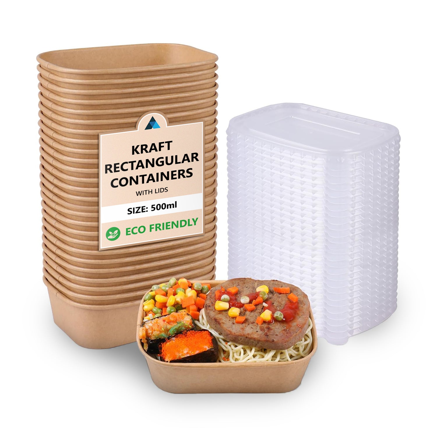 500ml Rectangular Kraft Disposable Food Containers with Lids