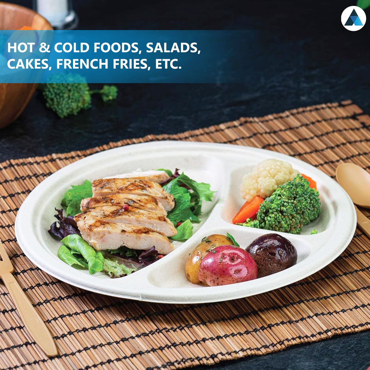 10 inch 3 Compartment Paper Bagasse Plates