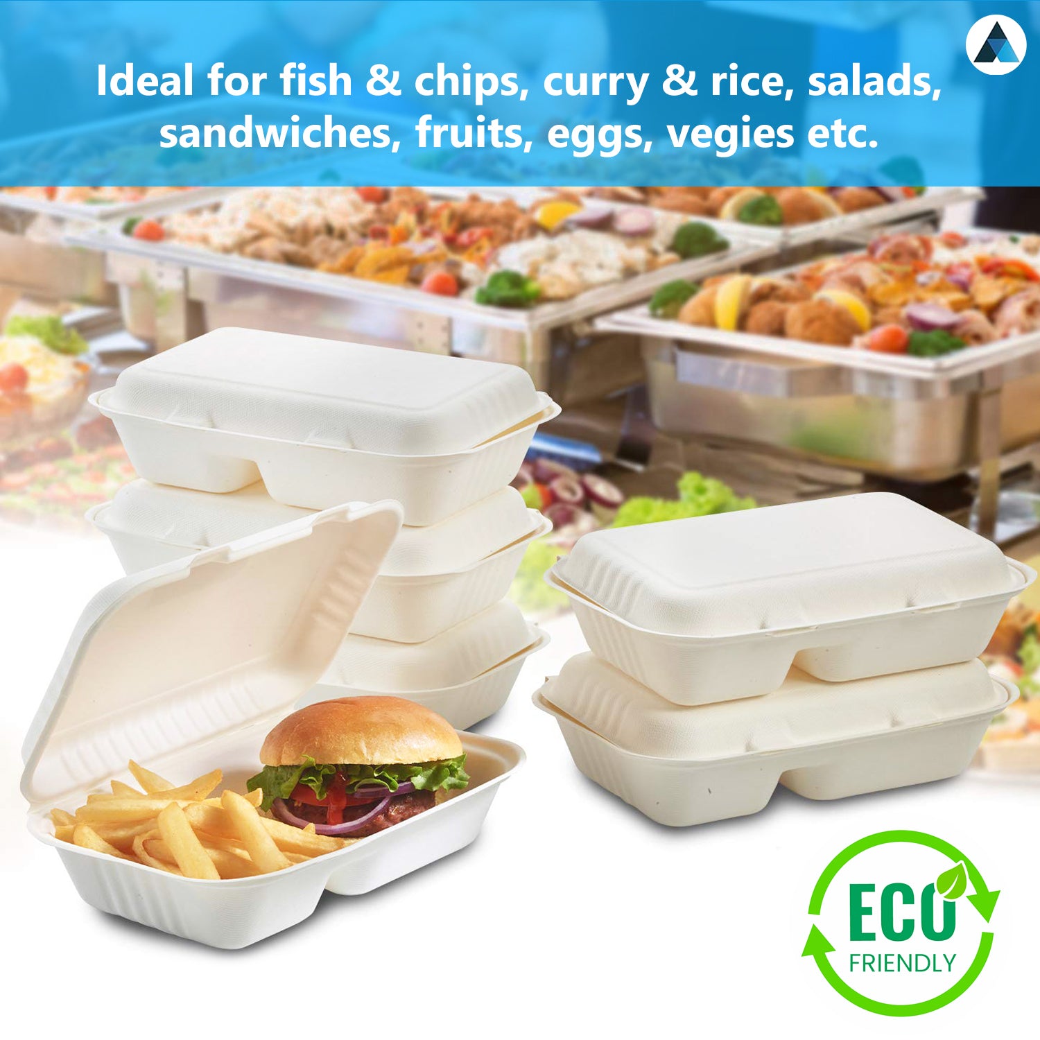 9x6 Inch Bagasse Clamshells Takeaway Box