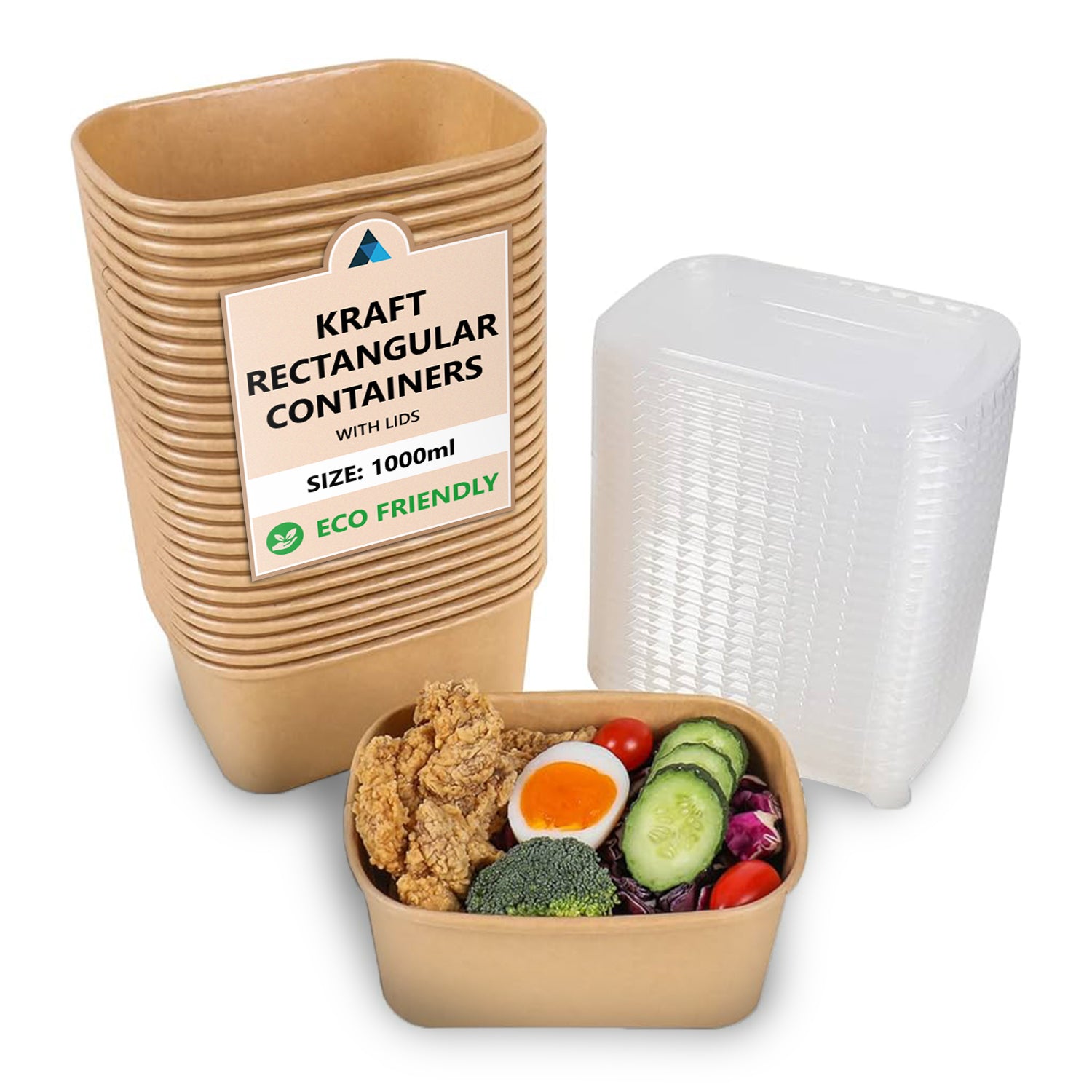 1000ml Rectangular Kraft Disposable Food Containers with Lids