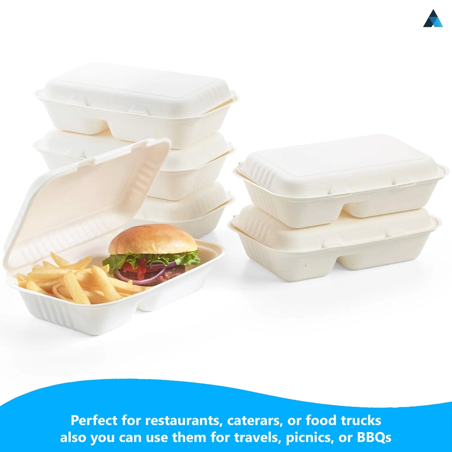9x6 Inch Bagasse Clamshells 2 Compartment Takeaway Box