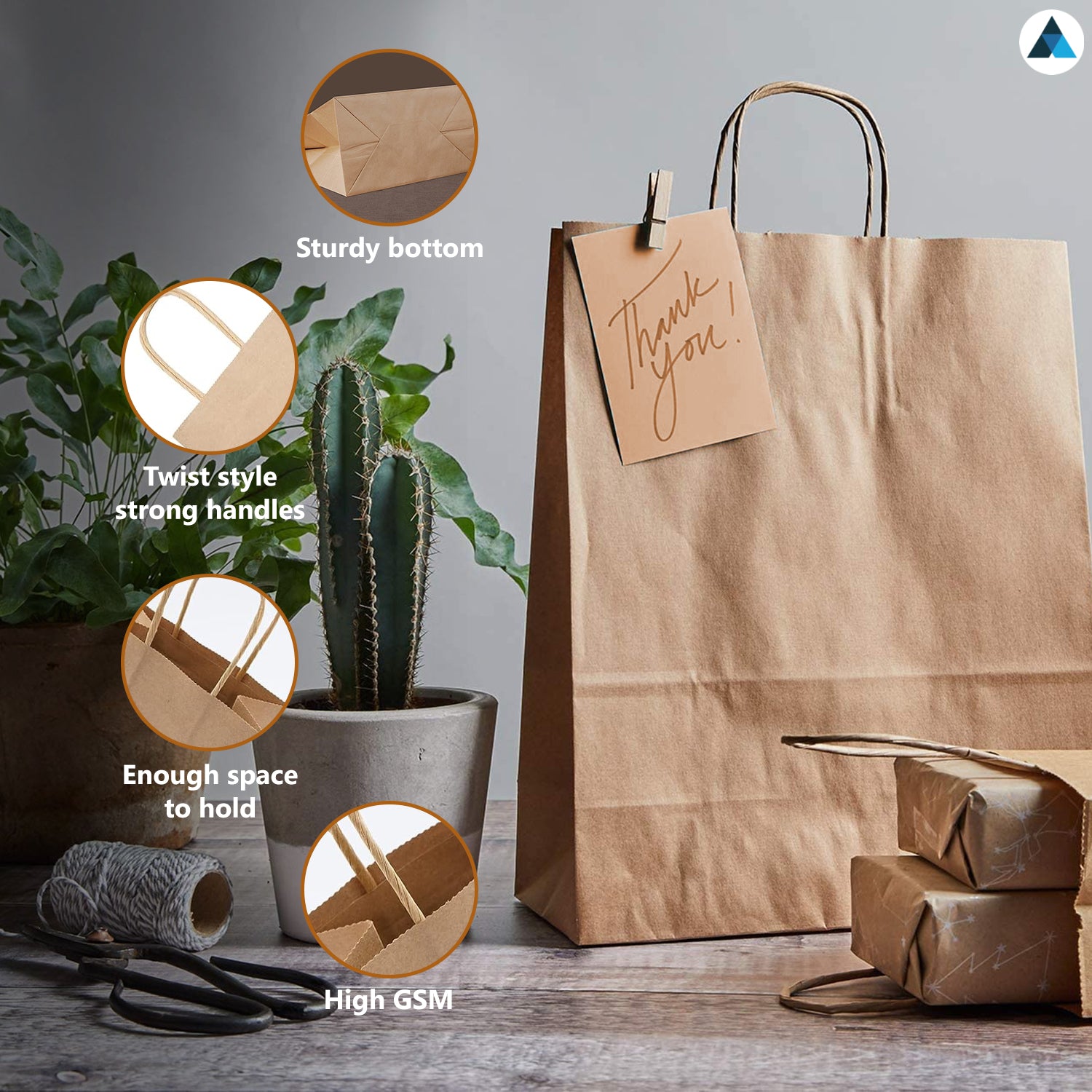 Medium Brown Paper Twist Handle Bags 20.5x12x25cm