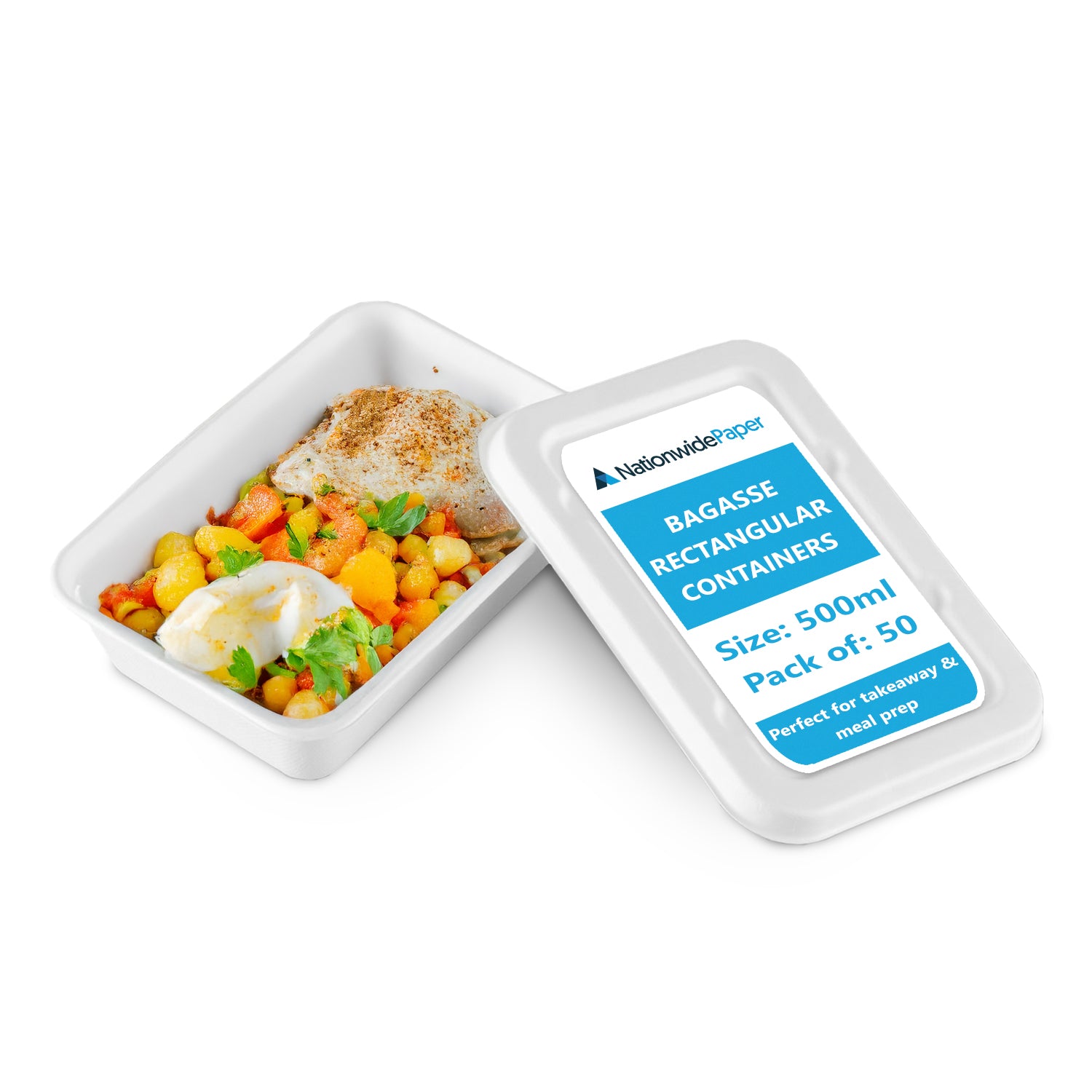 500ml Bagasse Rectangular Container White Pack of 50