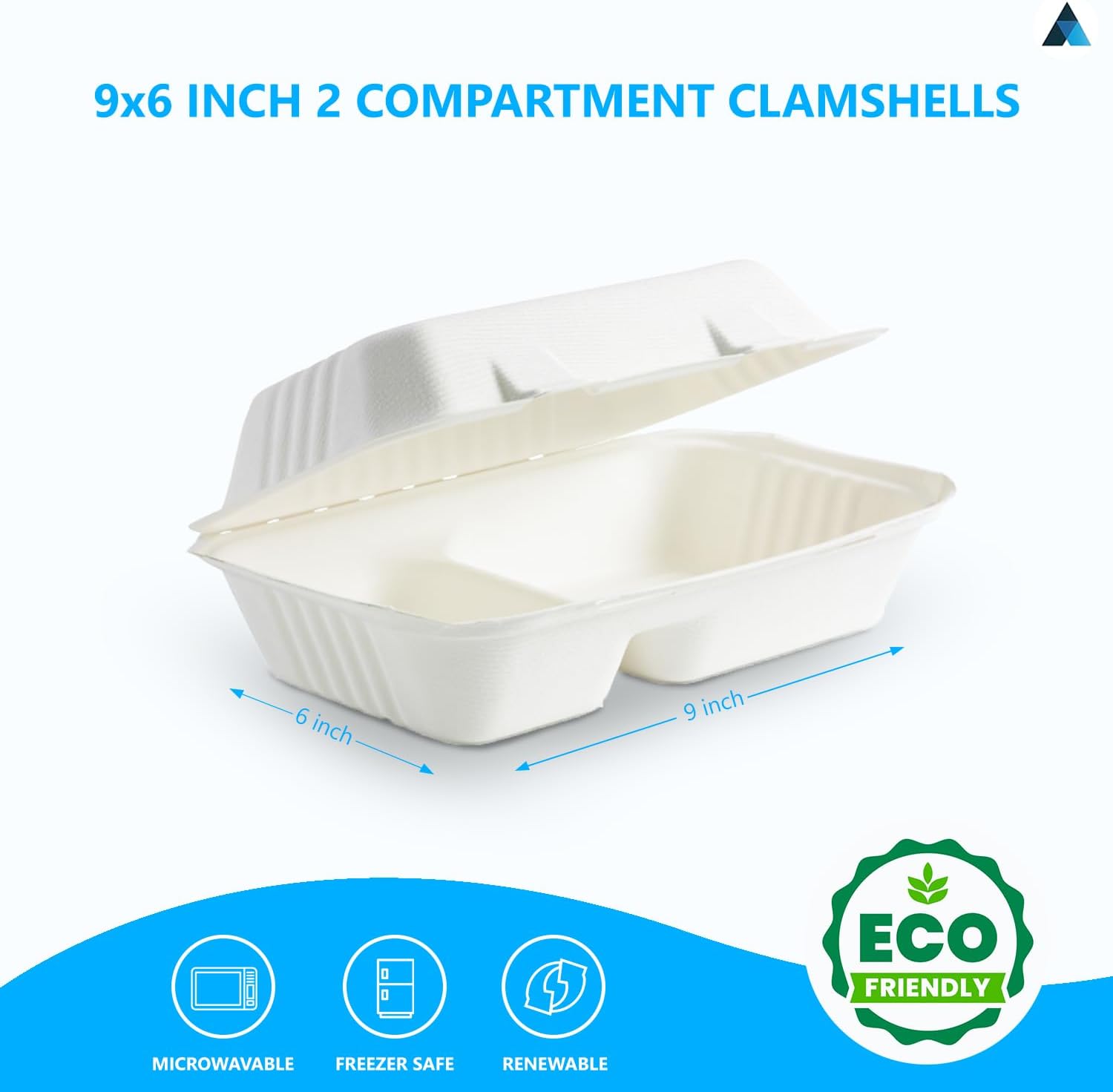 9x6 Inch Bagasse Clamshells 2 Compartment Takeaway Box