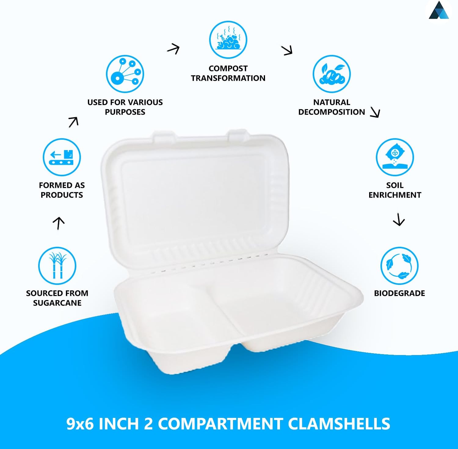 9x6 Inch Bagasse Clamshells 2 Compartment Takeaway Box