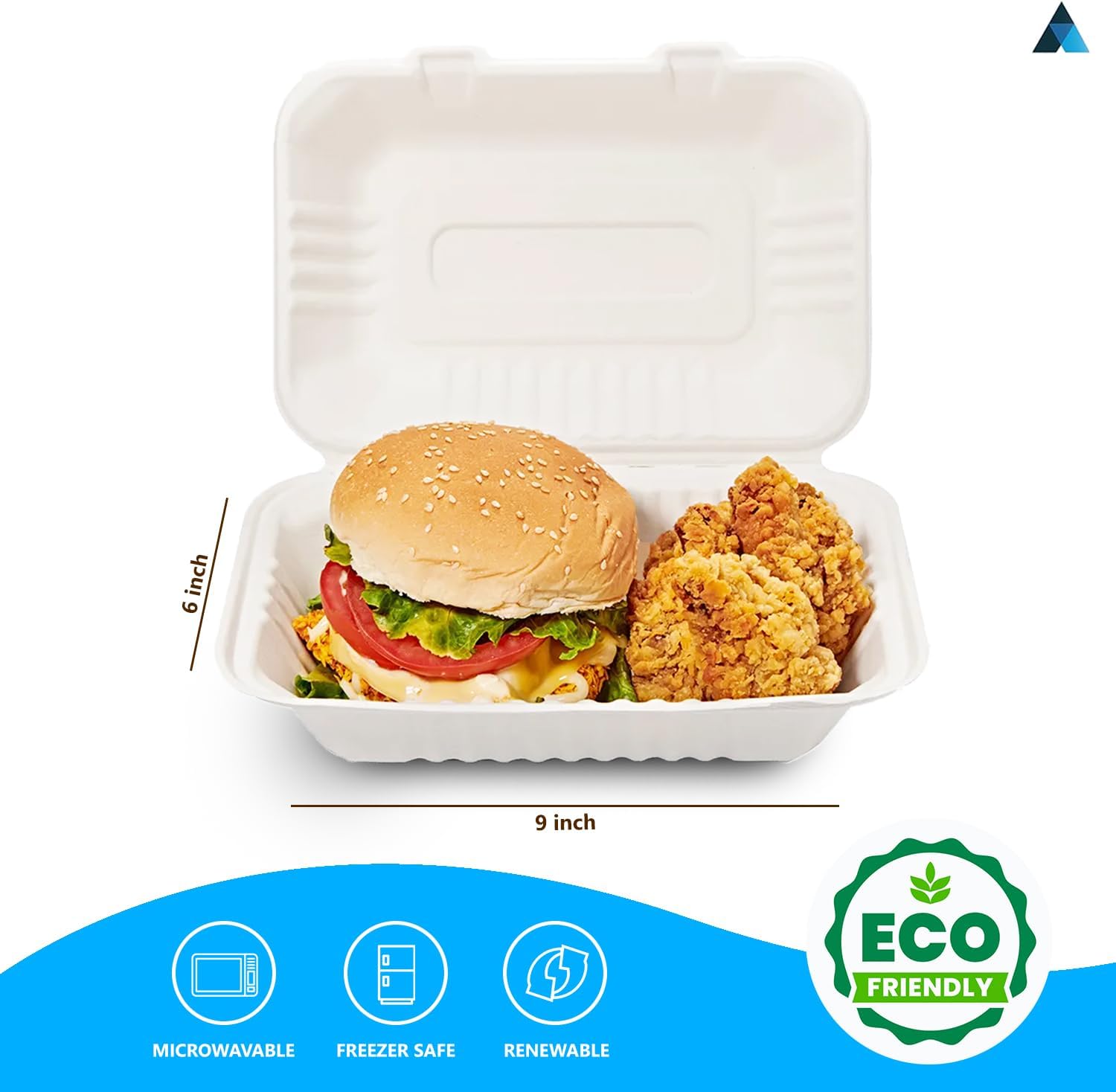 9x6 Inch Bagasse Clamshells 1 Compartment Takeaway Box