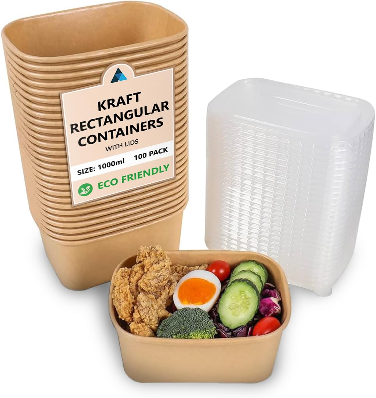 1000ml Rectangular Kraft Disposable Food Containers with Lids