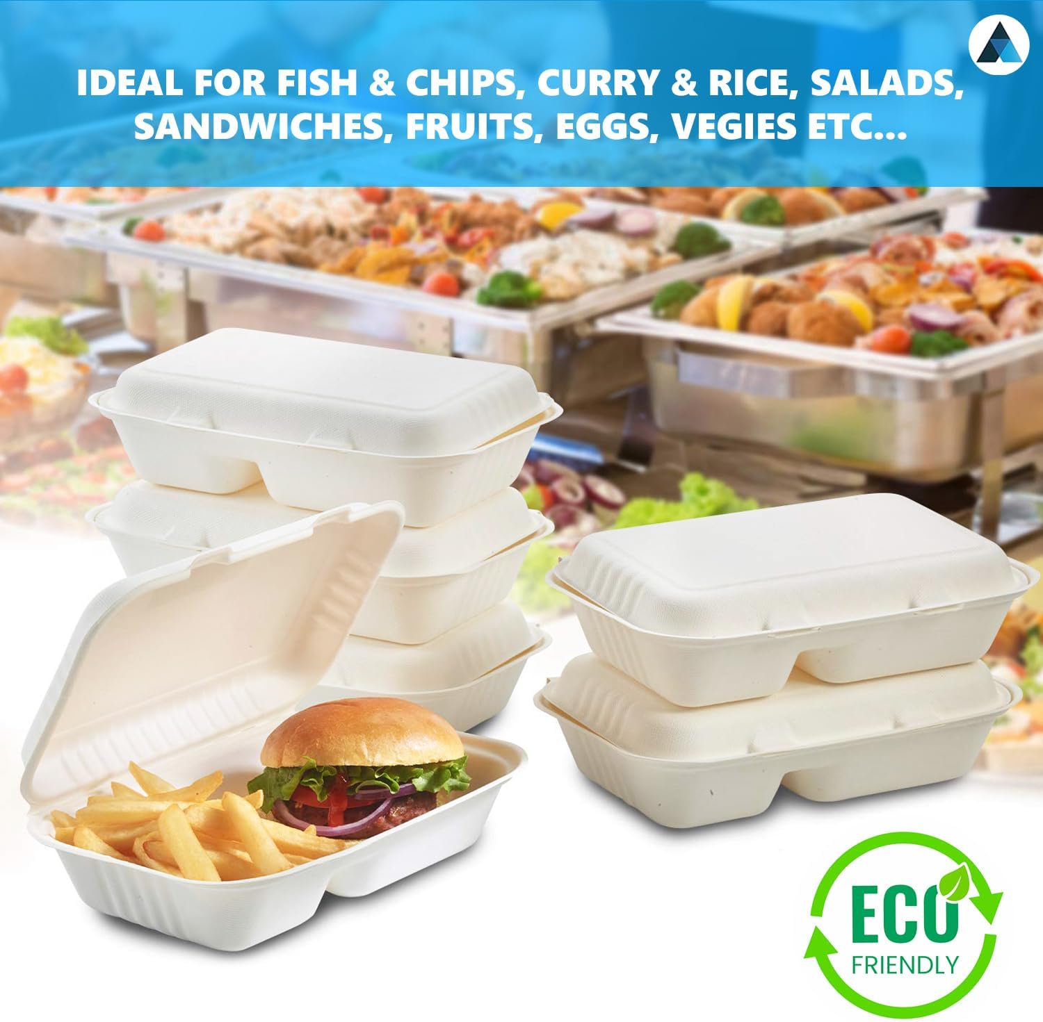 9x6 Inch Bagasse Clamshells 2 Compartment Takeaway Box