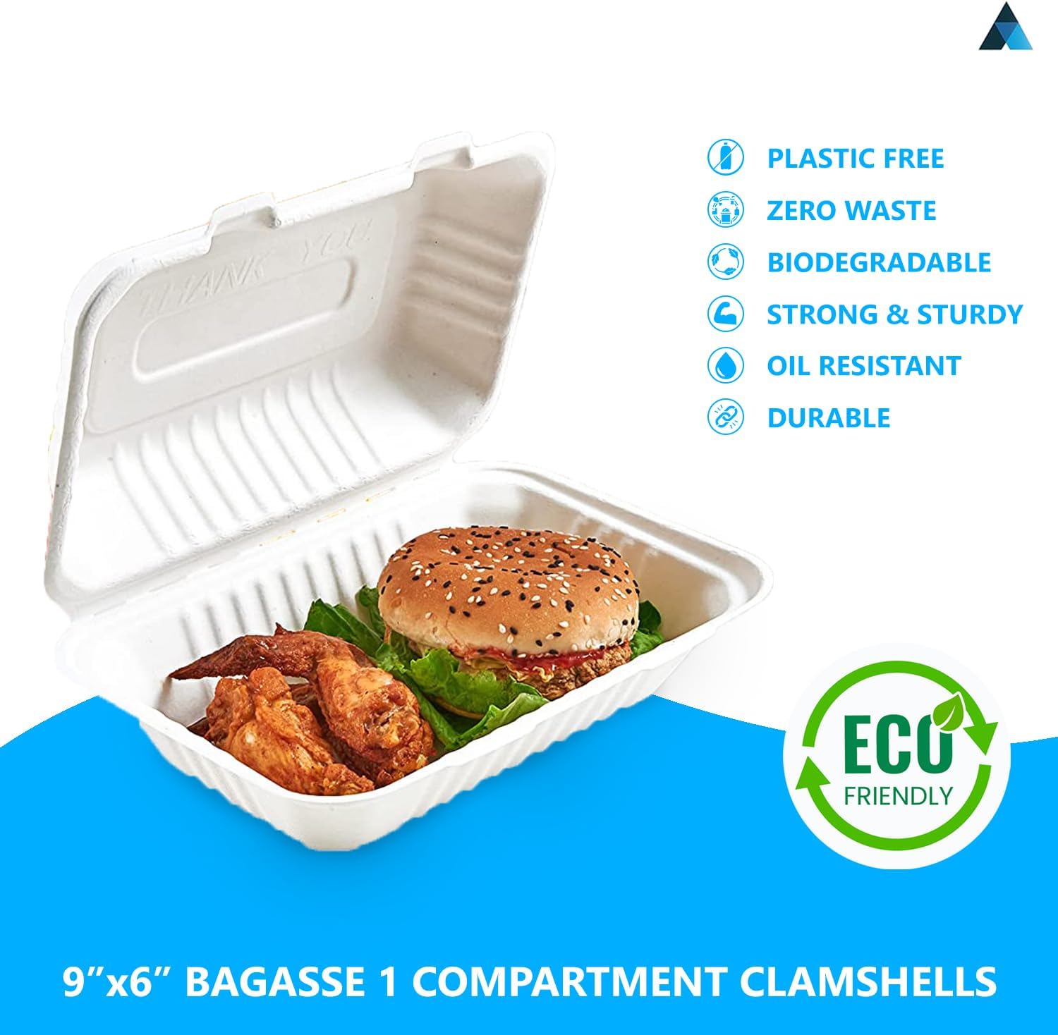 9x6 Inch Bagasse Clamshells 1 Compartment Takeaway Box